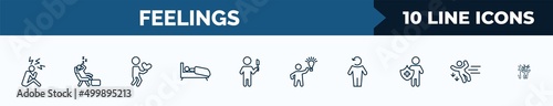 set of 10 feelings web icons in outline style. thin line icons such as stressed human, lazy human, lovely human, sleepy pissed inspired refreshed down vector illustration.