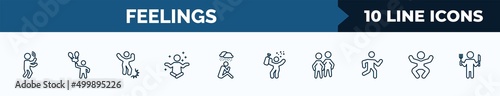 set of 10 feelings web icons in outline style. thin line icons such as blah human, hopeful human, pissed off human, fresh sad drunk content silly vector illustration.