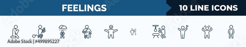 set of 10 feelings web icons in outline style. thin line icons such as lonely human, guilty human, depressed human, broken disappointed full hopeless aggravated vector illustration.