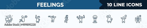 set of 10 feelings web icons in outline style. thin line icons such as fantastic human, helpless human, pretty human, bored scared amazed confident happy vector illustration.