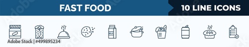 set of 10 fast food web icons in outline style. thin line icons such as peanut butter, burrito, hot dish, biscuit, milk bottle, cooking, groceries, bakery vector illustration.