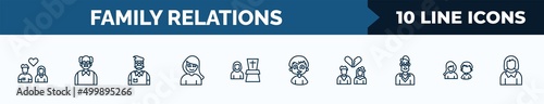 set of 10 family relations web icons in outline style. thin line icons such as girlfriend, grandfather, father-in-law, daughter, widow / widower, son, ex-husband, sibling vector illustration.