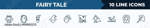 set of 10 fairy tale web icons in outline style. thin line icons such as toad, magic mirror, wizard, wicked, damsel, griffin, hero, fairy godmother vector illustration.