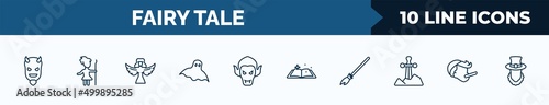 set of 10 fairy tale web icons in outline style. thin line icons such as evil, curupira, harpy, ghost, vampire, fairy tale, broomstick, pinocchio vector illustration.