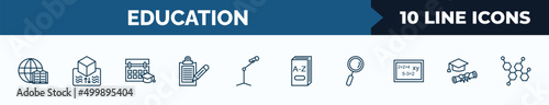 set of 10 education web icons in outline style. thin line icons such as international studies, archimedes principle, school calendar, written clipboard, microphone with stand, 3d dictionary,