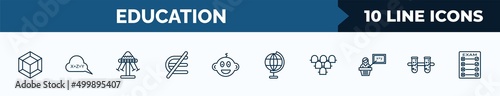 set of 10 education web icons in outline style. thin line icons such as 3d de, equation, swinging, is not an element of, kid, classroom globe, grandstand, communicating vessels vector illustration.
