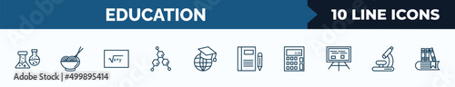 set of 10 education web icons in outline style. thin line icons such as florence flask, mie, square root in class, chemical formula, international graduate, closed book with marker, adding hine,