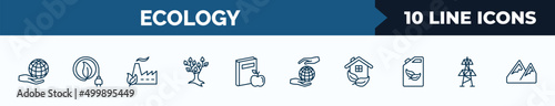 set of 10 ecology web icons in outline style. thin line icons such as globe on hand, eco power, eco factory, tree with many leaves, and books, save the earth, ecological house, electric station