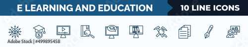 set of 10 e learning and education web icons in outline style. thin line icons such as daycare center, scholarship, video tutorial, lesson, e learning, online library, geology, fountain pen vector