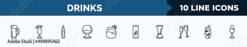 set of 10 drinks web icons in outline style. thin line icons such as beer mug, mai tai, vodka, armagnac, pisco sour, soda can, jigger, ice tea vector illustration.