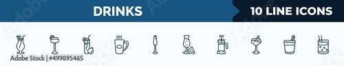 set of 10 drinks web icons in outline style. thin line icons such as tequila sunrise, sidecar drink, pomegranate martini, boiling, french 75, watermelon juice, french press, white russian drink