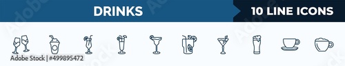 set of 10 drinks web icons in outline style. thin line icons such as glasses with wine, frappuccino, tropical itch, sex on the beach, margarita, mojito, 007 martini, espresso vector illustration.
