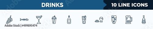set of 10 drinks web icons in outline style. thin line icons such as bunch of grapes, fish skeleton, flirtini, coffee bean, rum, mint julep, ham, brewery vector illustration.