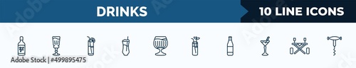 set of 10 drinks web icons in outline style. thin line icons such as malibu, absinthe, blue lagoon, ramos gin fizz, brandy glass, bloody mary, lime rickey drink, picnic table vector illustration.