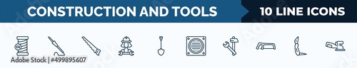 set of 10 construction and tools web icons in outline style. thin line icons such as copper, iron soldering, handsaw, mechanic working, spade, drain, improvement, jackknife vector illustration.