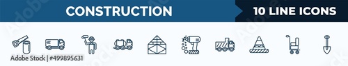 set of 10 construction web icons in outline style. thin line icons such as wood saw, truck with freight, man painting, tank truck, joist, electric drill, tipper, trolley with cargo vector