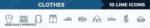 set of 10 clothes web icons in outline style. thin line icons such as henley shirt, knit hat with pom pom, long sleeves t shirt, chino shorts, sleepers, platform sandals, jewelry, men socks vector