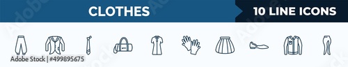 set of 10 clothes web icons in outline style. thin line icons such as harem pants, oxford wave blazer, tie, barrel handbag, lyocell shirt dress, wool gloves, tulle skirt, denim jacket vector
