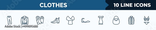set of 10 clothes web icons in outline style. thin line icons such as sweatpants, leather biker jacket, leather gloves, leather chelsea boots, draped top, flat shoes, off the shoulder dress, padded