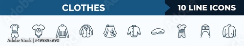 set of 10 clothes web icons in outline style. thin line icons such as pijama, baby grow, turtleneck, blazer, kilt, windbreaker, beret, ushanka vector illustration.