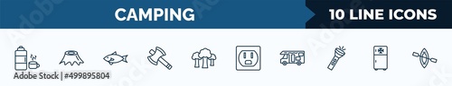 set of 10 camping web icons in outline style. thin line icons such as thermos, stump, sardine, axes, trees, outlet, camper van, freezer vector illustration.