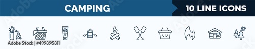 set of 10 camping web icons in outline style. thin line icons such as firewood, picnic, sun lotion, inflatable boat, campfire, oar, basket, cabin vector illustration.