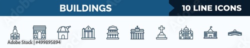 set of 10 buildings web icons in outline style. thin line icons such as chuch, arc de triomphe, space, reserve bank, chinese temple, brandenburg gate, christian cemetery, embassy vector