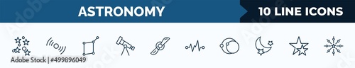 set of 10 astronomy web icons in outline style. thin line icons such as star cluster, pulsar, lyra constellation, finderscope, airscrew, magnitude, eccentricity, double star vector illustration.