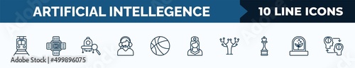 set of 10 artificial intellegence web icons in outline style. thin line icons such as train, nano sensor, microbots, assistant, ball, nurse, technology tree, artificial atmosphere vector