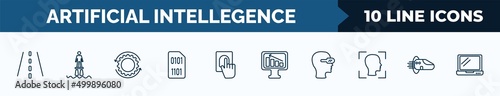 set of 10 artificial intellegence web icons in outline style. thin line icons such as road, flyboard, processing, binary, biometrics, business, oculus rift, hyperloop vector illustration.