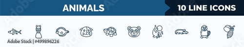 set of 10 animals web icons in outline style. thin line icons such as tuna, lama, flounder, guinea pig heag, turtle, panda bear, dolphin jumping, beaver vector illustration.