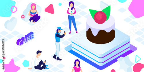 Cake isometric design icon. Vector web illustration. 3d colorful concept