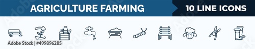 set of 10 agriculture farming web icons in outline style. thin line icons such as trailer, crop rotation, farm products, faucet, trough, caterpillar, garden bench, shears vector illustration.