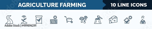 set of 10 agriculture farming web icons in outline style. thin line icons such as roak, smart farm, seed bag, farm field, barrow, monoculture, wood chop, greenhouse vector illustration.