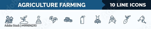 set of 10 agriculture farming web icons in outline style. thin line icons such as farm, plant sprout, manure, carrots, straw bale, sprayer, bees, seed vector illustration.