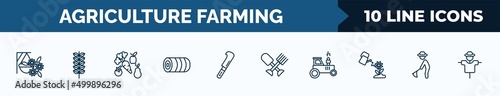 set of 10 agriculture farming web icons in outline style. thin line icons such as hanging pot, oat, vegetables, hay bale, billhook, farm tools, tractor, farmer hoeing vector illustration.