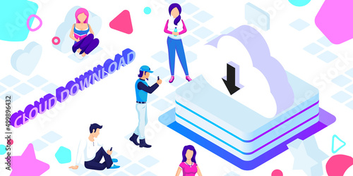 Cloud download isometric design icon. Vector web illustration. 3d colorful concept