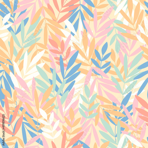 Cute colorful seamless pattern with hand drawn leaves and branches. Botanical vector background. Simple trendy floral print for fabric, wallpaper, stationery, wrapping paper