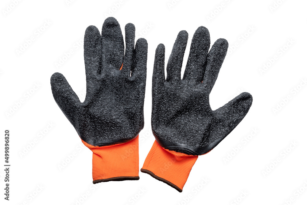 New nylon orange work gloves with a black latex coating, lying next to