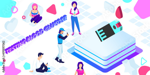 Testing blood glucose isometric design icon. Vector web illustration. 3d colorful concept