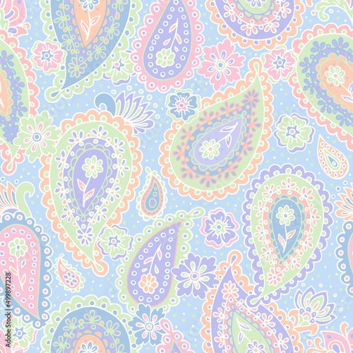 Traditional Indian boteh ornamental textile design. Colorful paisley print. Abstract psychedelic Buta seamless pattern . Hand drawn vector background.