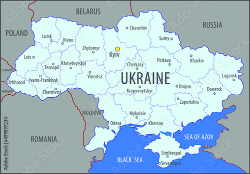 Ukraine. Map of the territory of the Ukrainian state divided into regions, indicating the capital and regional centers, depicting neighboring countries and seas. Vector illustration.
