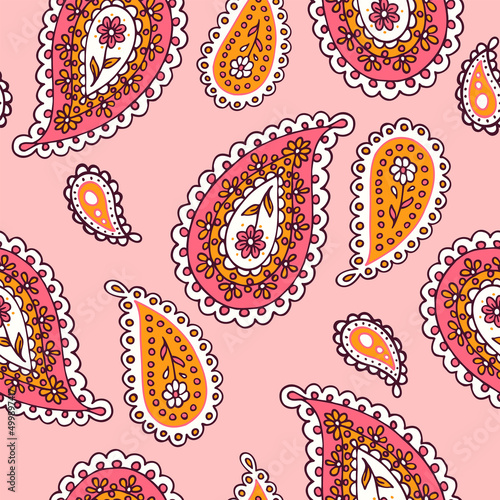 Traditional Indian boteh ornamental textile design. Colorful paisley print. Abstract psychedelic Buta seamless pattern . Hand drawn vector background.