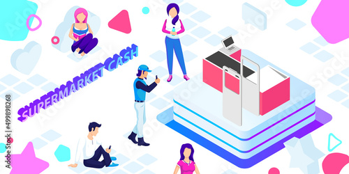 Supermarket cash isometric design icon. Vector web illustration. 3d colorful concept