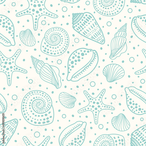 Sea shells, fossils, mollusks and starfish seamless pattern. Summer beach hand-drawn seaside vector print. Fashion textile monochrome blue and white colors. Seashore elements design for fabrics
