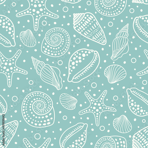 Sea shells, fossils, mollusks and starfish seamless pattern. Summer beach hand-drawn seaside vector print. Fashion textile monochrome blue and white colors. Seashore elements design for fabrics