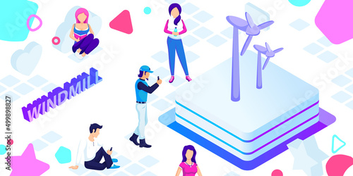 Windmill isometric design icon. Vector web illustration. 3d colorful concept