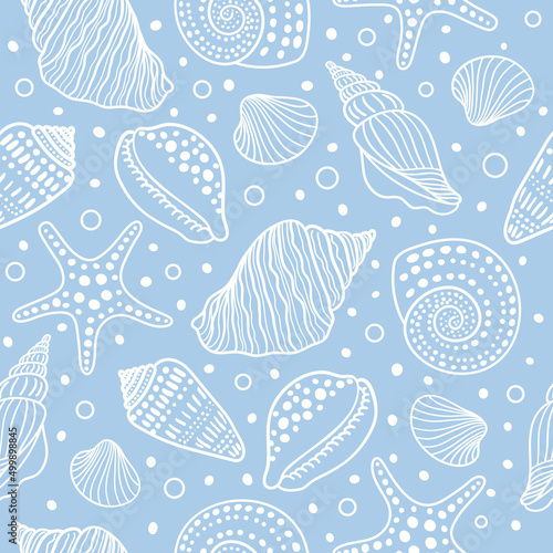 Sea shells, fossils, mollusks and starfish seamless pattern. Summer beach hand-drawn seaside vector print. Fashion textile monochrome blue and white colors. Seashore elements design for fabrics