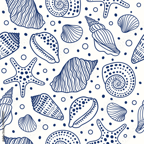 Sea shells, fossils, mollusks and starfish seamless pattern. Summer beach hand-drawn seaside vector print. Fashion textile monochrome blue and white colors. Seashore elements design for fabrics