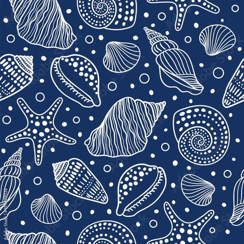 Sea shells, fossils, mollusks and starfish seamless pattern. Summer beach hand-drawn seaside vector print. Fashion textile monochrome blue and white colors. Seashore elements design for fabrics photo